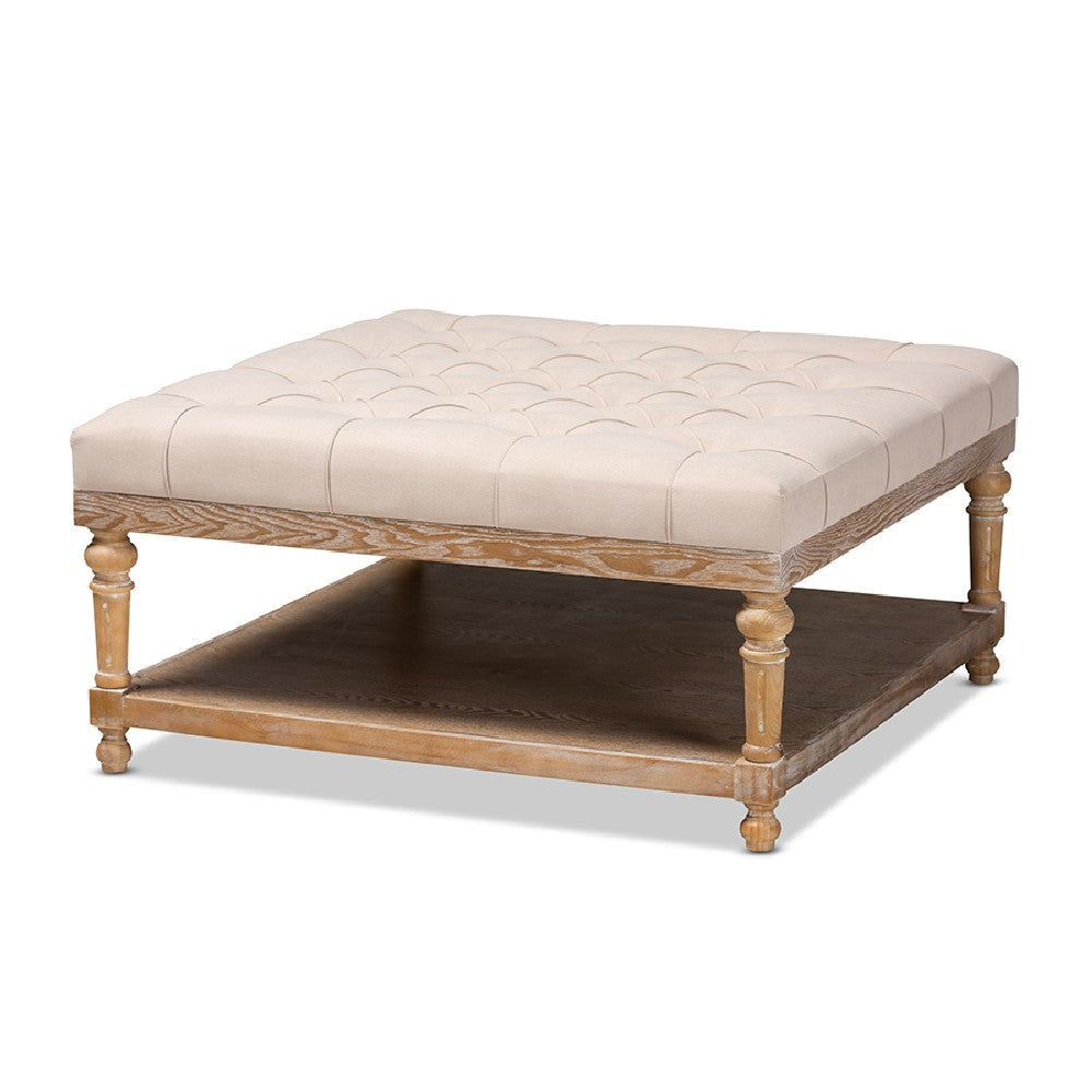 Baxton Studio Kelly Modern and Rustic Beige Linen Fabric Upholstered and Greywashed Wood Cocktail Ottoman WHI-JY-0001-Beige-Greywashed-Otto