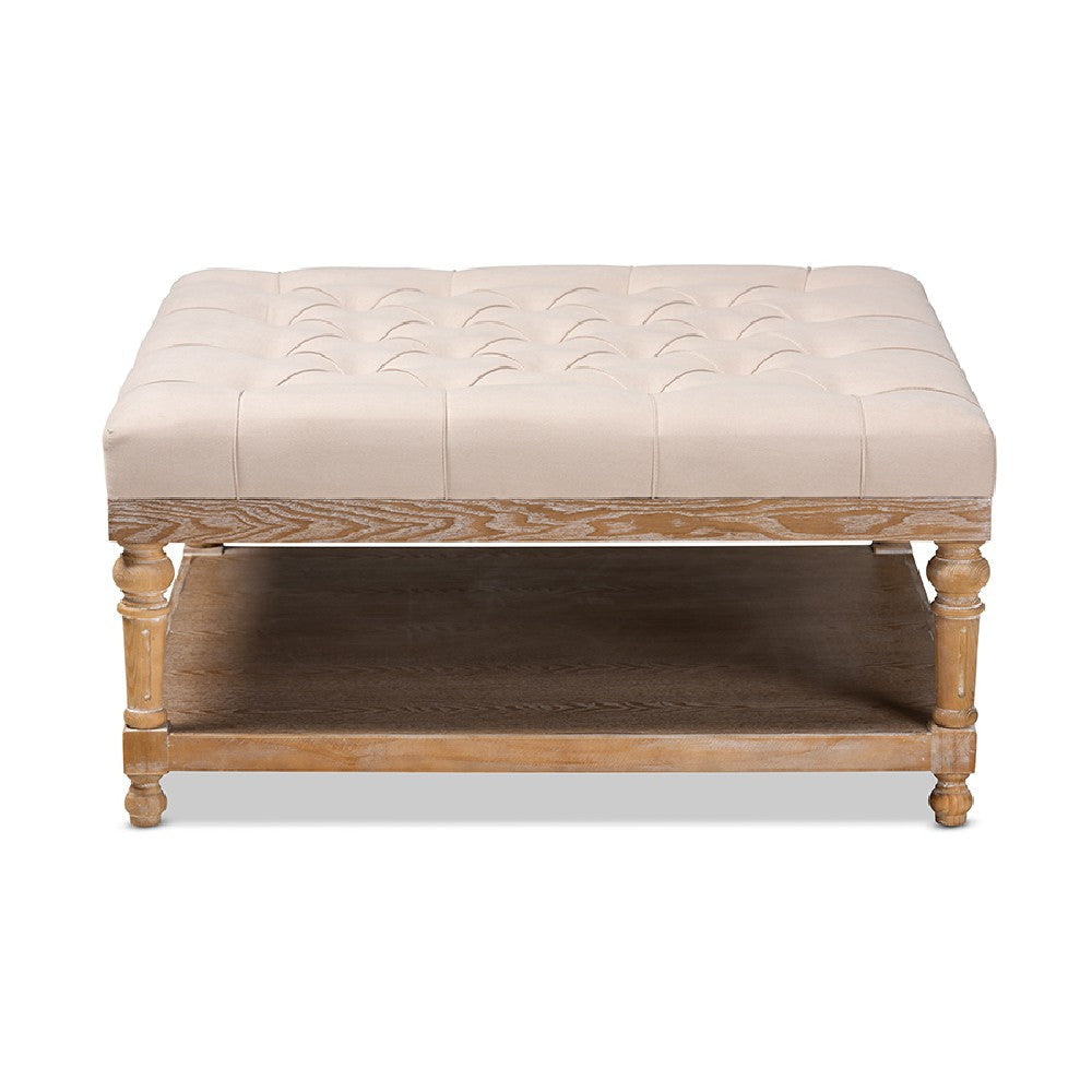 Baxton Studio Kelly Modern and Rustic Beige Linen Fabric Upholstered and Greywashed Wood Cocktail Ottoman WHI-JY-0001-Beige-Greywashed-Otto