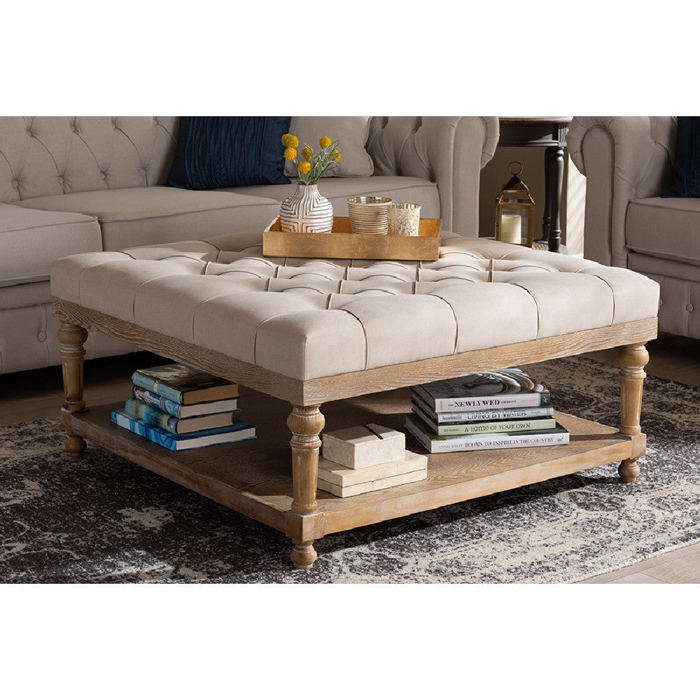 Baxton Studio Kelly Modern and Rustic Beige Linen Fabric Upholstered and Greywashed Wood Cocktail Ottoman WHI-JY-0001-Beige-Greywashed-Otto