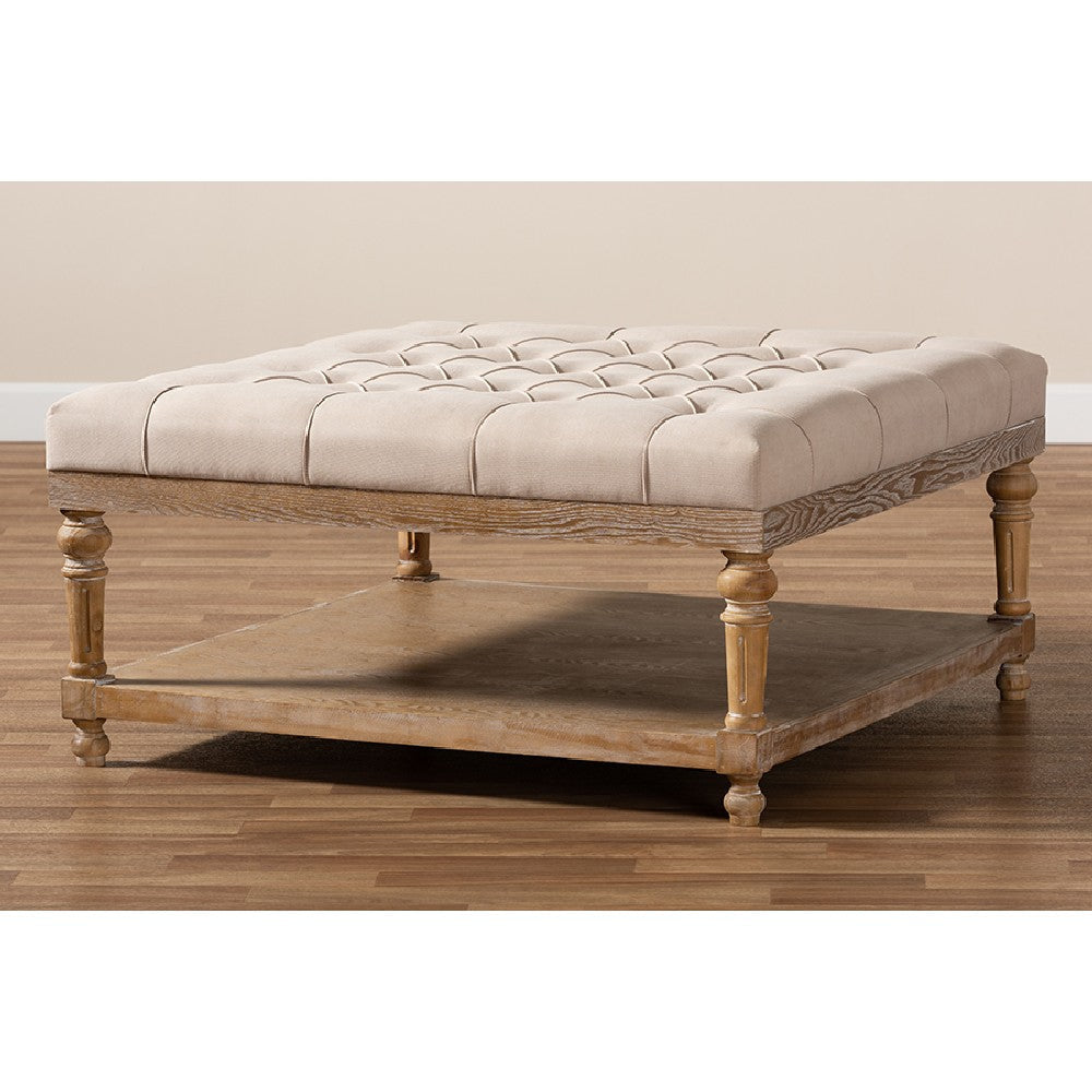 Baxton Studio Kelly Modern and Rustic Beige Linen Fabric Upholstered and Greywashed Wood Cocktail Ottoman