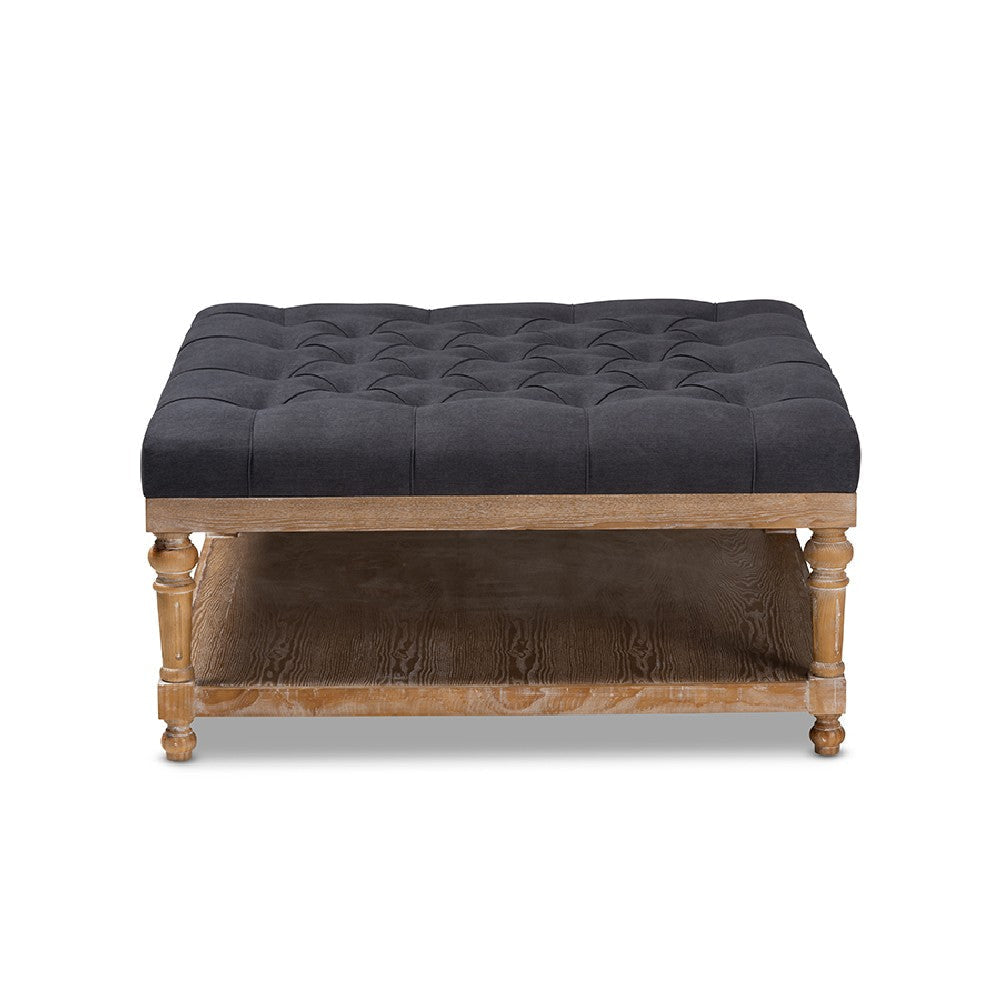 Baxton Studio Kelly Modern and Rustic Charcoal Linen Fabric Upholstered and Greywashed Wood Cocktail Ottoman