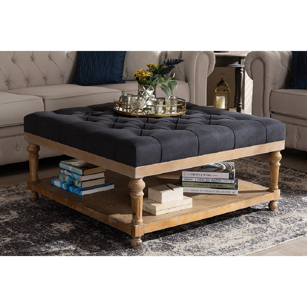Baxton Studio Kelly Modern and Rustic Charcoal Linen Fabric Upholstered and Greywashed Wood Cocktail Ottoman