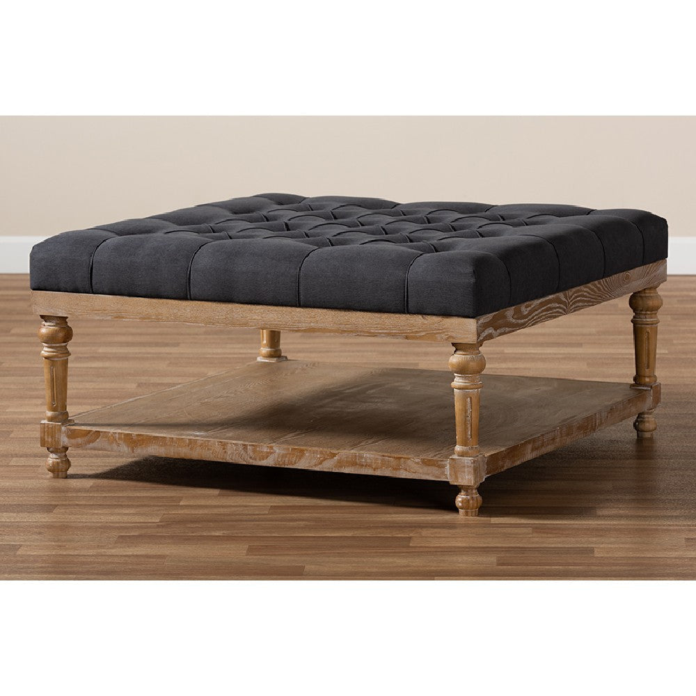 Baxton Studio Kelly Modern and Rustic Charcoal Linen Fabric Upholstered and Greywashed Wood Cocktail Ottoman