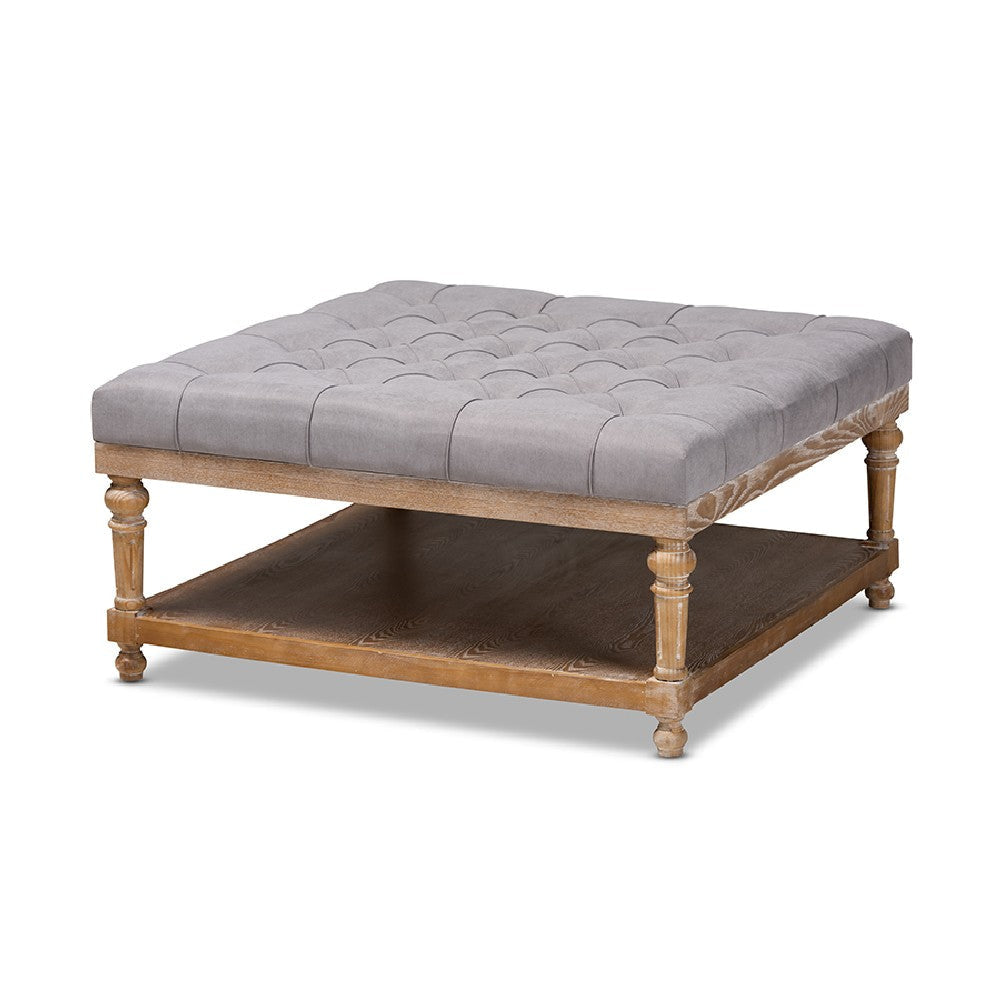 Baxton Studio Kelly Modern and Rustic Grey Linen Fabric Upholstered and Greywashed Wood Cocktail Ottoman
