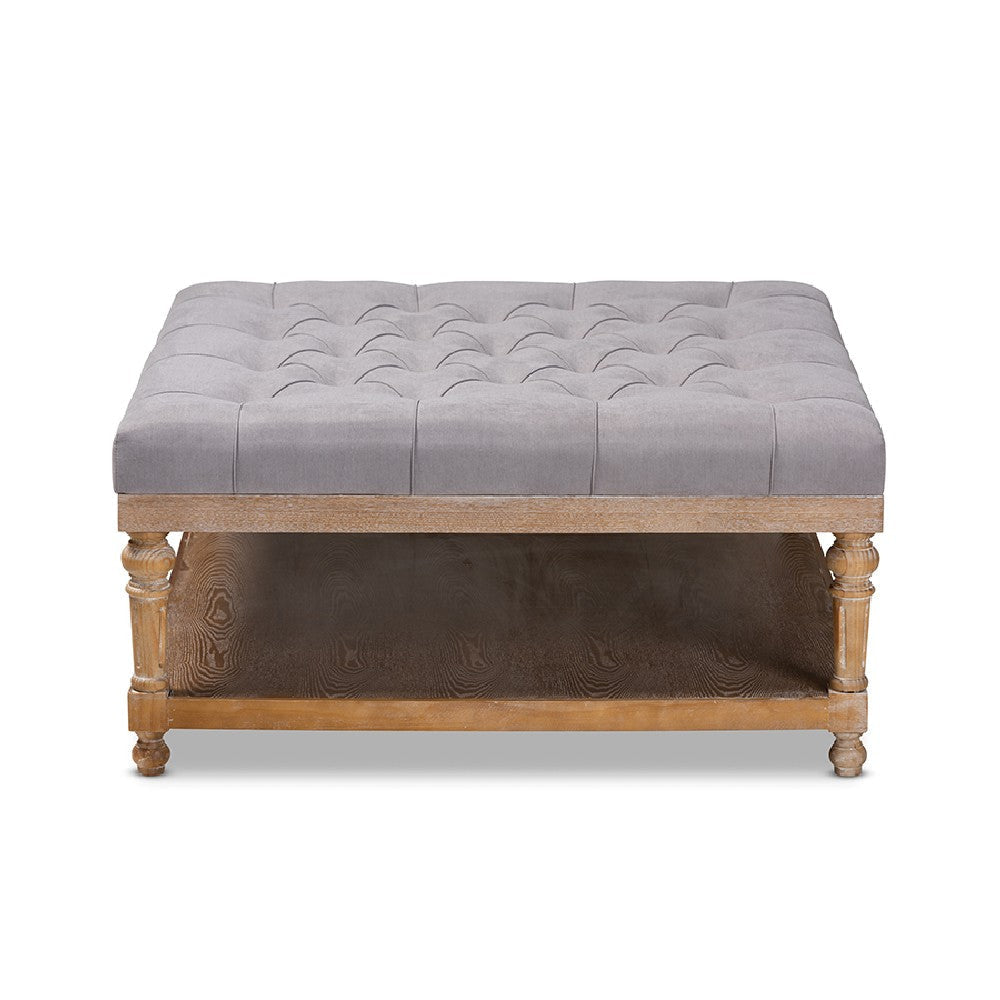 Baxton Studio Kelly Modern and Rustic Grey Linen Fabric Upholstered and Greywashed Wood Cocktail Ottoman