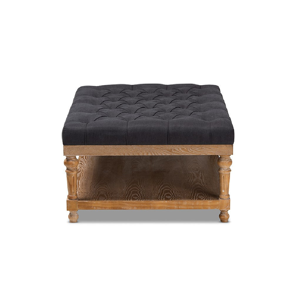 Baxton Studio Lindsey Modern and Rustic Charcoal Linen Fabric Upholstered and Greywashed Wood Cocktail Ottoman