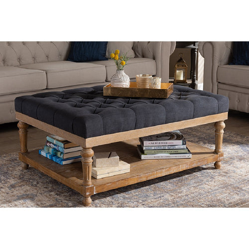 Baxton Studio Lindsey Modern and Rustic Charcoal Linen Fabric Upholstered and Greywashed Wood Cocktail Ottoman