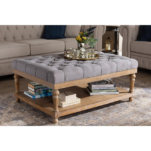 Baxton Studio Lindsey Modern and Rustic Grey Linen Fabric Upholstered and Greywashed Wood Cocktail Ottoman