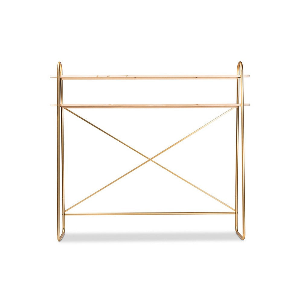 Baxton Studio Merida Glam and Luxe Brushed Gold Finished Metal and Natural Brown Finished Wood 2-Tier Over Bed Queen Size Storage Display