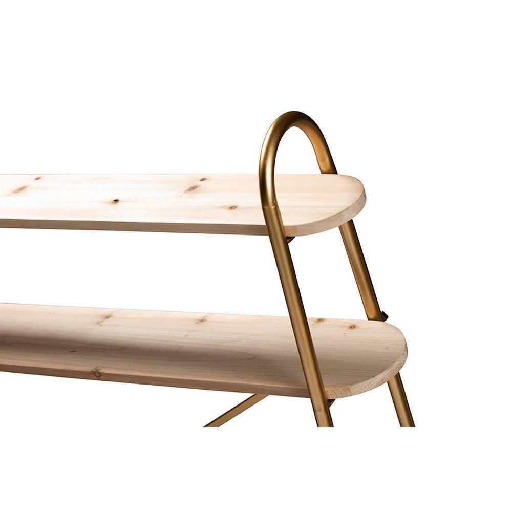 Baxton Studio Merida Glam and Luxe Brushed Gold Finished Metal and Natural Brown Finished Wood 2-Tier Over Bed Queen Size Storage Display