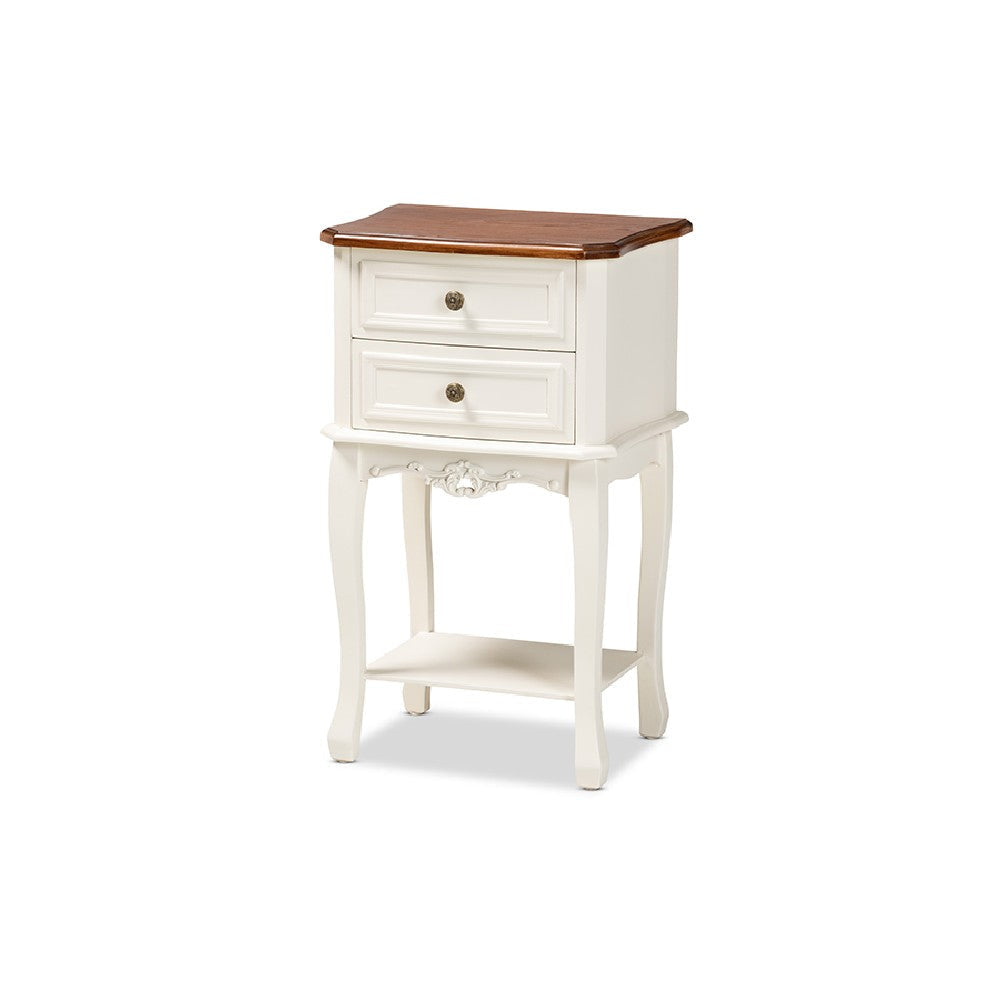 Baxton Studio Darla Classic and Traditional French White and Cherry Brown Finished Wood 2-Drawer End Table WHI-JY-132041-2DW-ET