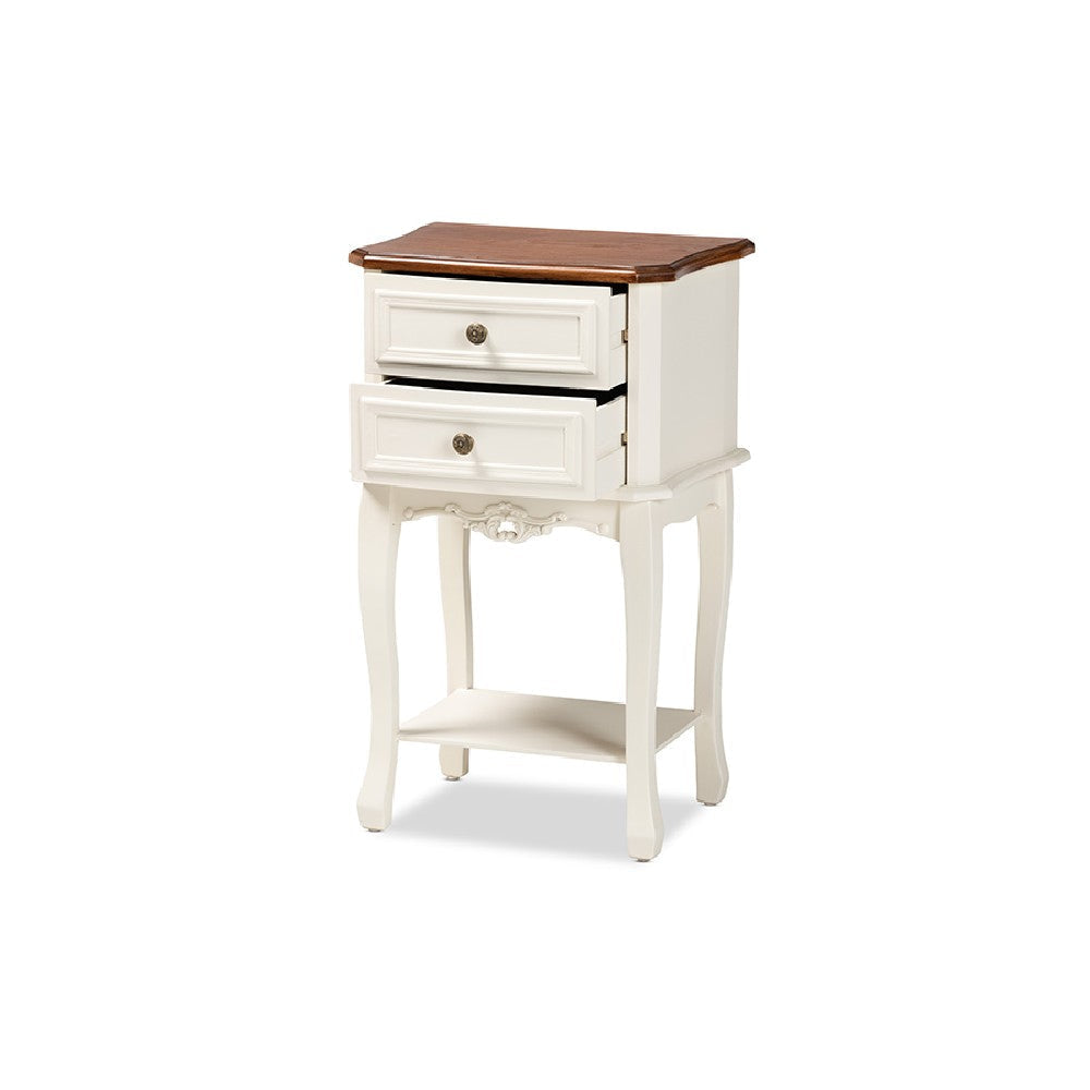 Baxton Studio Darla Classic and Traditional French White and Cherry Brown Finished Wood 2-Drawer End Table WHI-JY-132041-2DW-ET