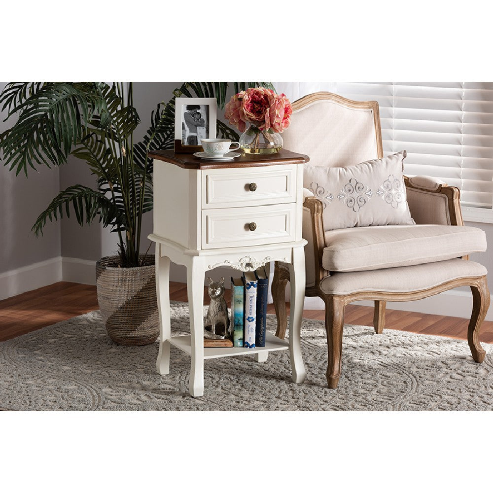 Baxton Studio Darla Classic and Traditional French White and Cherry Brown Finished Wood 2-Drawer End Table WHI-JY-132041-2DW-ET