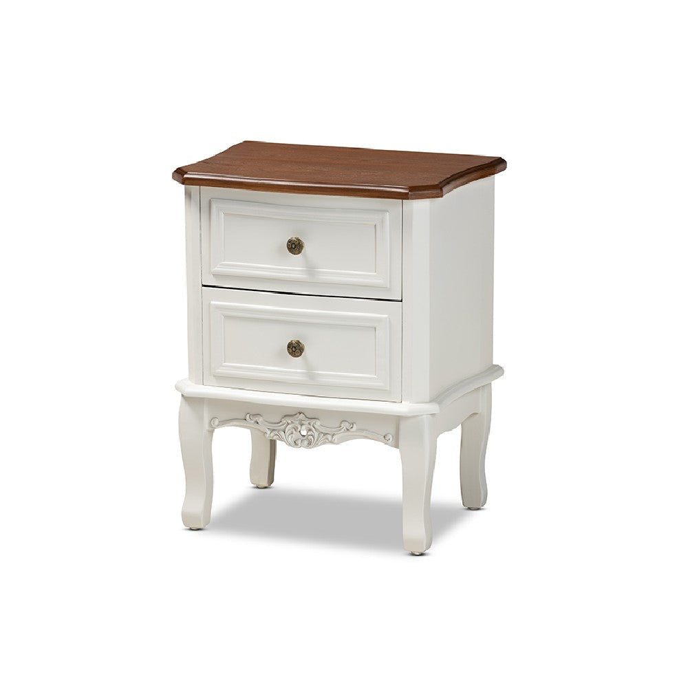 Baxton Studio Darlene Classic and Traditional French White and Cherry Brown Finished Wood 2-Drawer End Table WHI-JY-132054-2-DW-ET