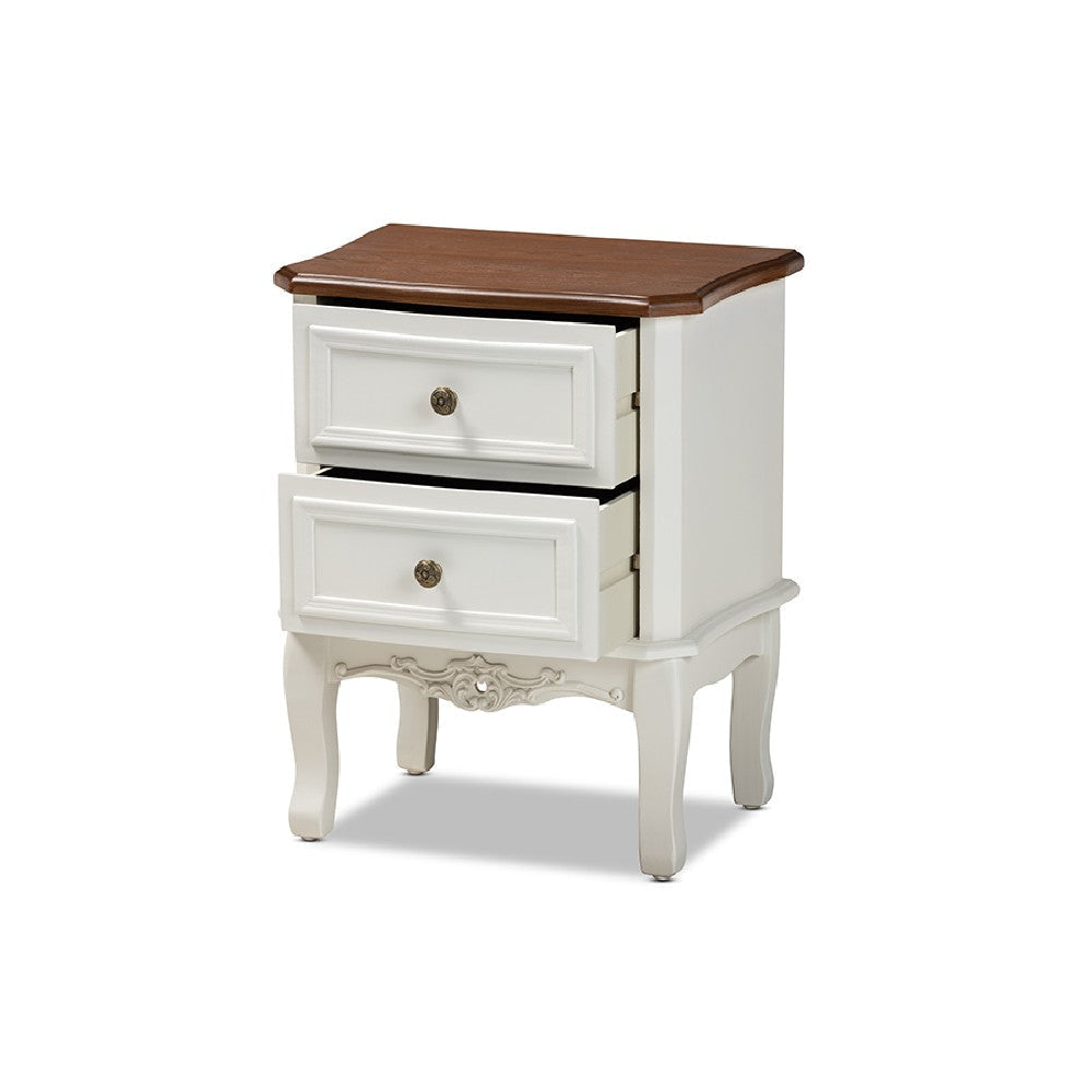 Baxton Studio Darlene Classic and Traditional French White and Cherry Brown Finished Wood 2-Drawer End Table WHI-JY-132054-2-DW-ET