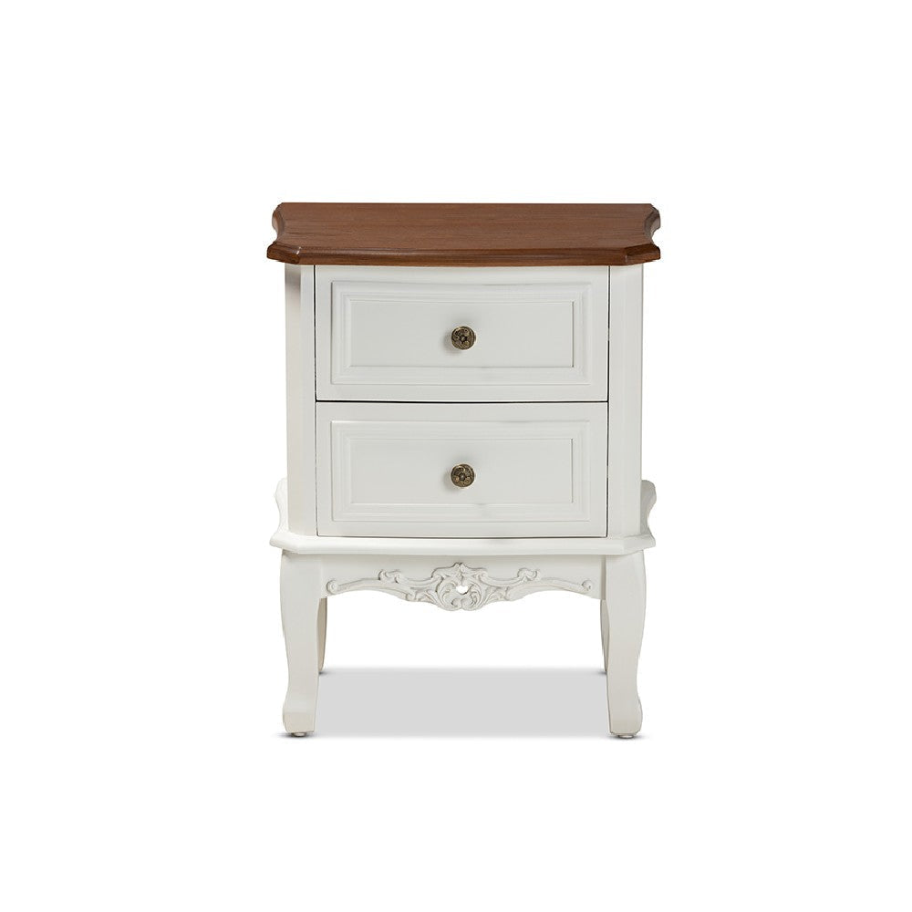 Baxton Studio Darlene Classic and Traditional French White and Cherry Brown Finished Wood 2-Drawer End Table WHI-JY-132054-2-DW-ET