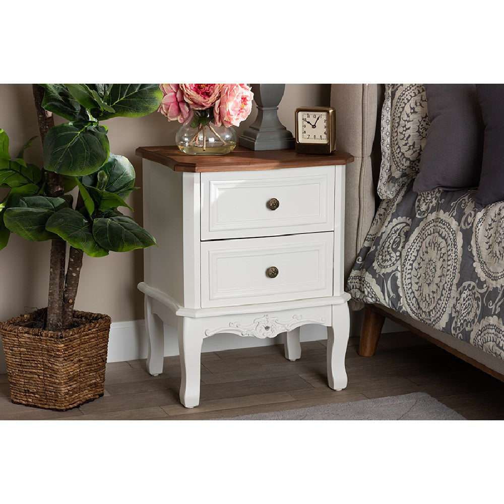 Baxton Studio Darlene Classic and Traditional French White and Cherry Brown Finished Wood 2-Drawer End Table WHI-JY-132054-2-DW-ET