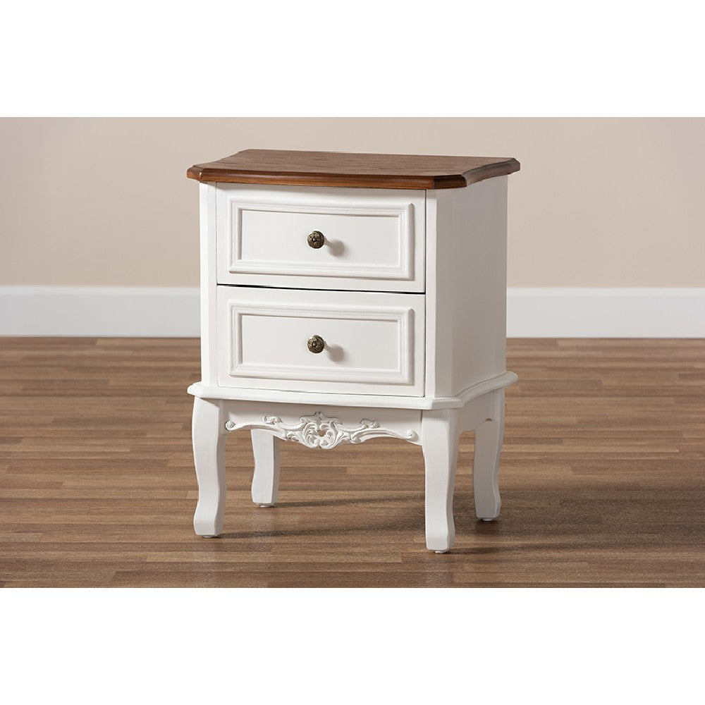 Baxton Studio Darlene Classic and Traditional French White and Cherry Brown Finished Wood 2-Drawer End Table