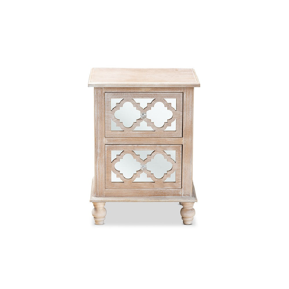 Baxton Studio Celia Transitional Rustic French Country White-Washed Wood and Mirror 2-Drawer Quatrefoil End Table