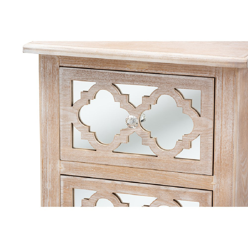 Baxton Studio Celia Transitional Rustic French Country White-Washed Wood and Mirror 2-Drawer Quatrefoil End Table