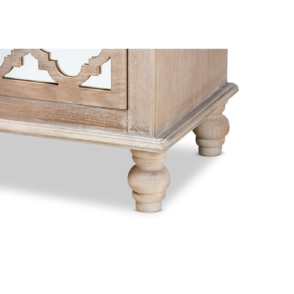 Baxton Studio Celia Transitional Rustic French Country White-Washed Wood and Mirror 2-Drawer Quatrefoil End Table