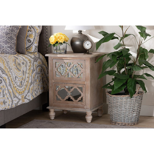 Baxton Studio Celia Transitional Rustic French Country White-Washed Wood and Mirror 2-Drawer Quatrefoil End Table