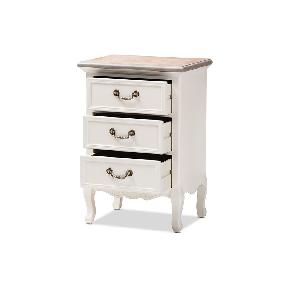 Baxton Studio Capucine Antique French Country Cottage Two Tone Natural Whitewashed Oak and White Finished Wood 3-Drawer End Table
