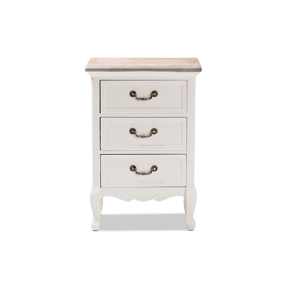 Baxton Studio Capucine Antique French Country Cottage Two Tone Natural Whitewashed Oak and White Finished Wood 3-Drawer End Table