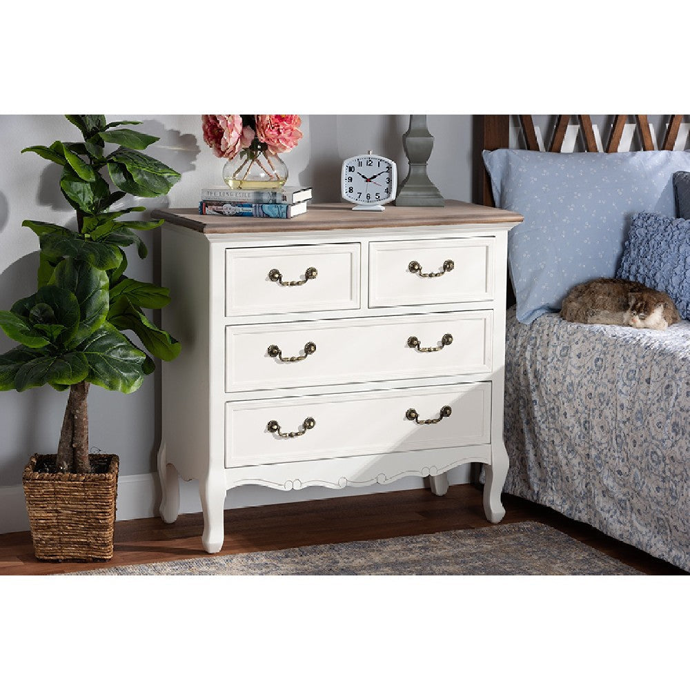 Baxton Studio Amalie Antique French Country Cottage Two-Tone White and Oak Finished 4-Drawer Accent Storage Cabinet