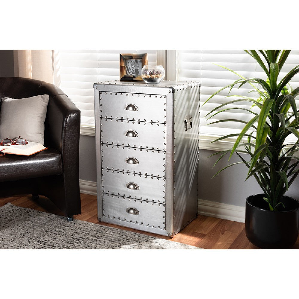 Baxton Studio Davet French Industrial Silver Metal 5-Drawer Accent Storage Cabinet WHI-JY17B167-Silver-Cabinet