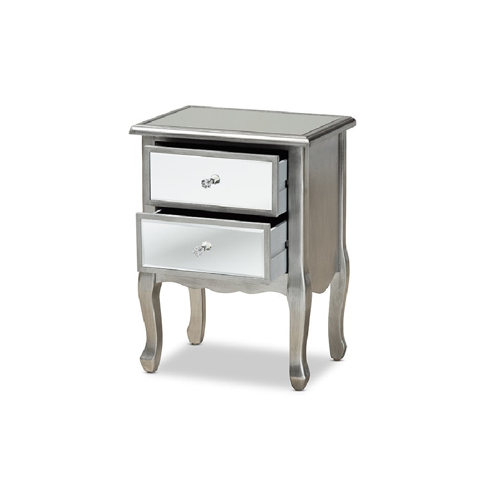 Baxton Studio Leonie Modern Transitional French Brushed Silver Finished Wood and Mirrored Glass 2-Drawer End Table WHI-JY18A035-Silver-ET