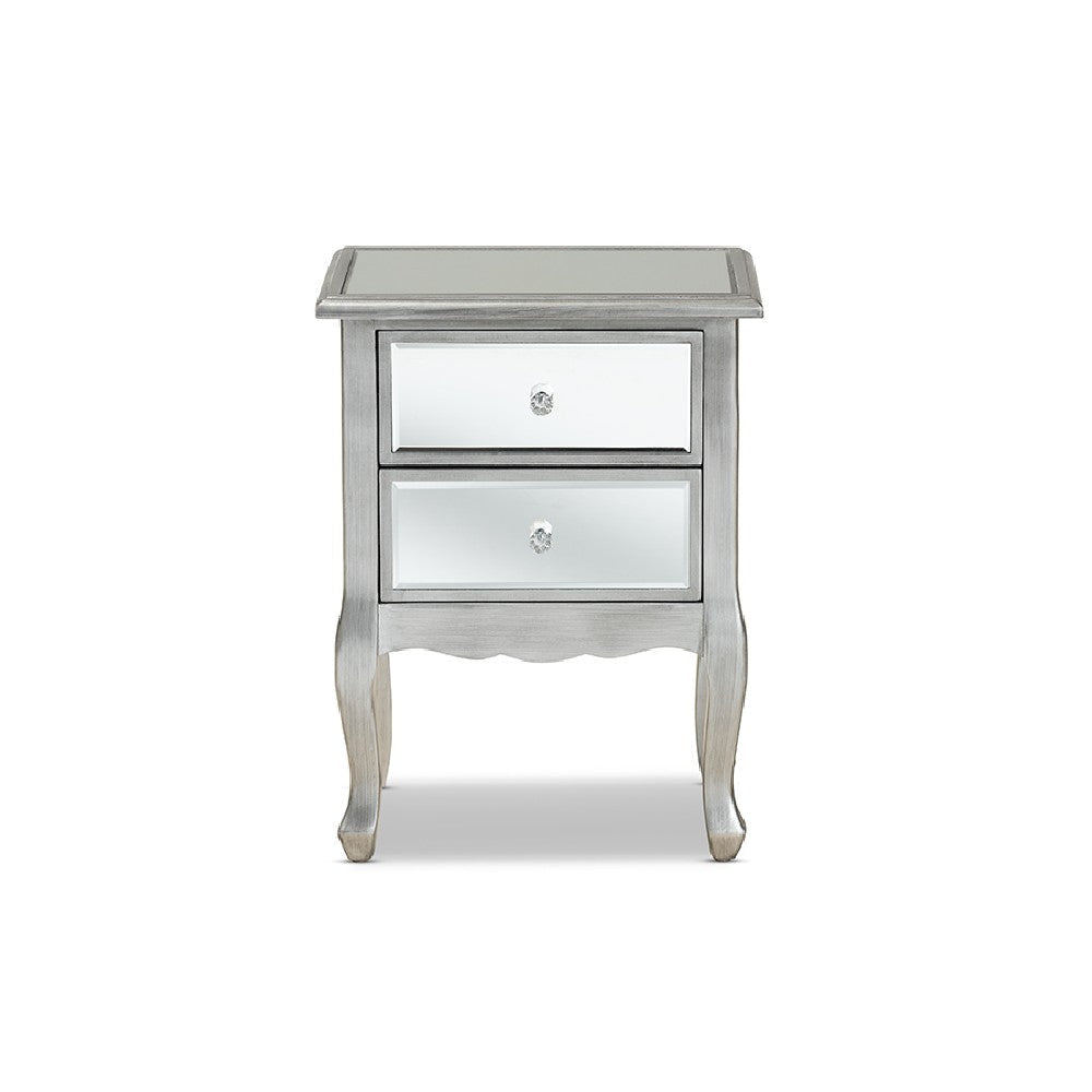 Baxton Studio Leonie Modern Transitional French Brushed Silver Finished Wood and Mirrored Glass 2-Drawer End Table WHI-JY18A035-Silver-ET