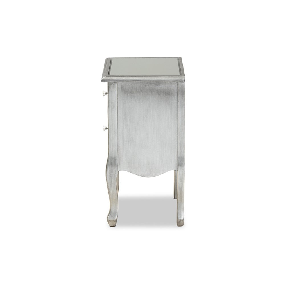 Baxton Studio Leonie Modern Transitional French Brushed Silver Finished Wood and Mirrored Glass 2-Drawer End Table WHI-JY18A035-Silver-ET