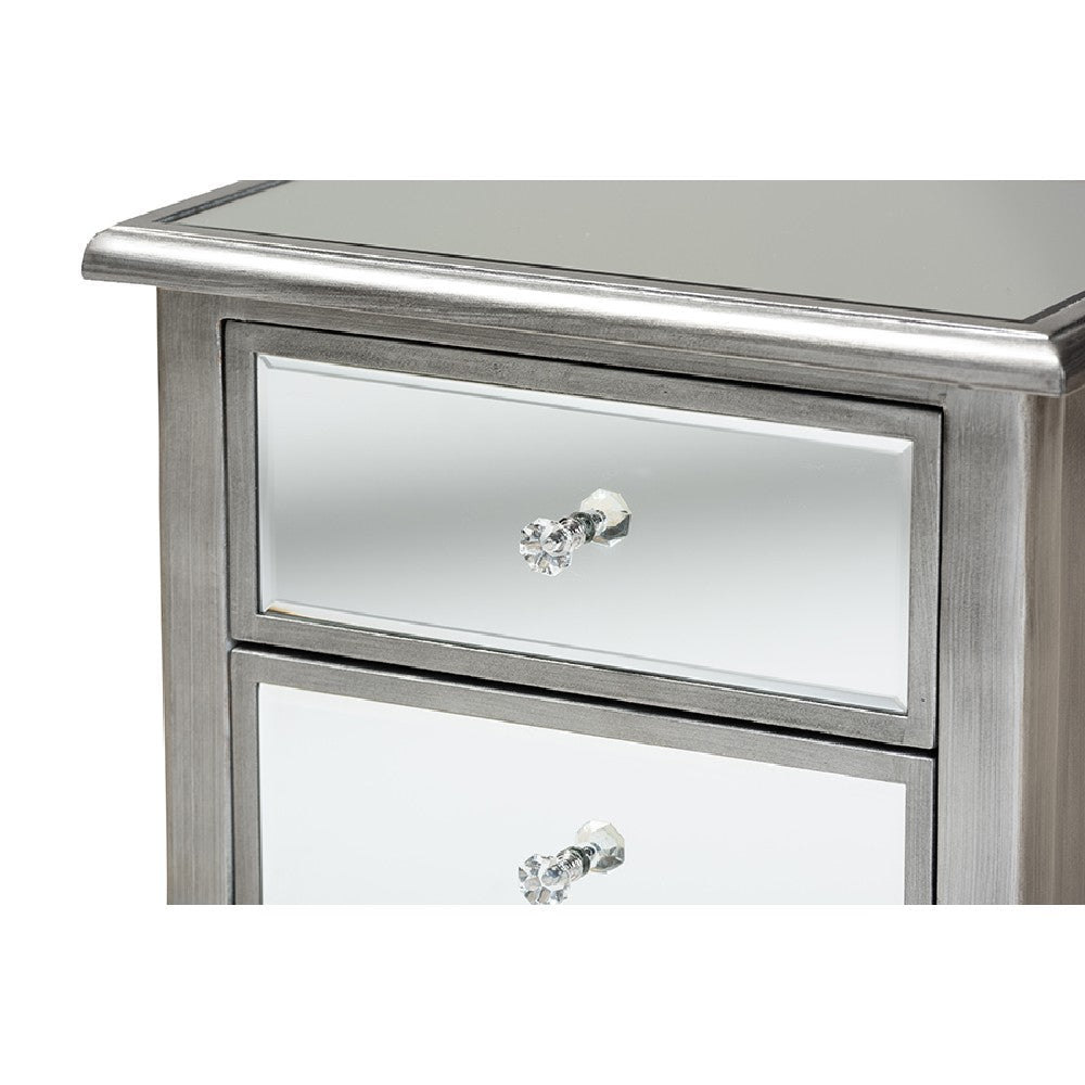Baxton Studio Leonie Modern Transitional French Brushed Silver Finished Wood and Mirrored Glass 2-Drawer End Table WHI-JY18A035-Silver-ET