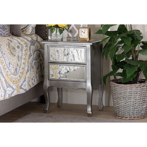 Baxton Studio Leonie Modern Transitional French Brushed Silver Finished Wood and Mirrored Glass 2-Drawer End Table