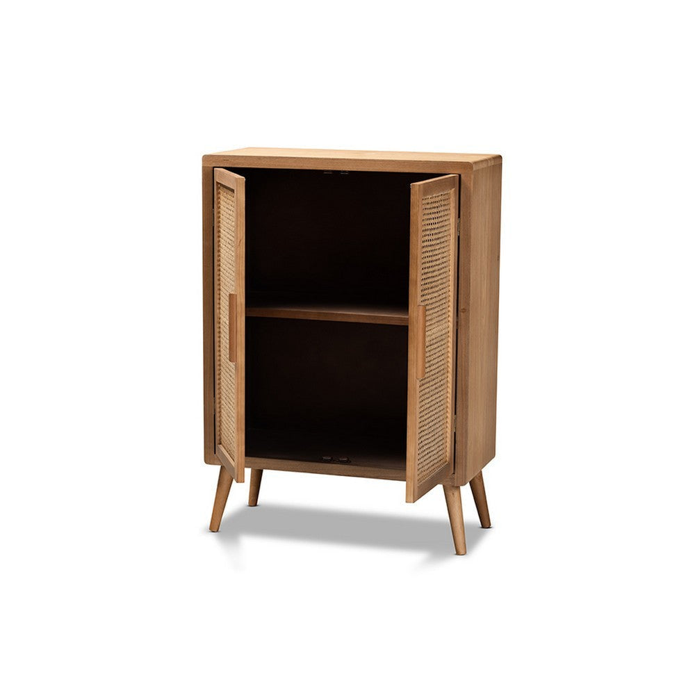 Baxton Studio Alina Mid-Century Modern Medium Oak Finished Wood and Rattan 2-Door Accent Storage Cabinet WHI-JY1904-Medium-Oak-Cabinet