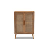 Baxton Studio Alina Mid-Century Modern Medium Oak Finished Wood and Rattan 2-Door Accent Storage Cabinet WHI-JY1904-Medium-Oak-Cabinet