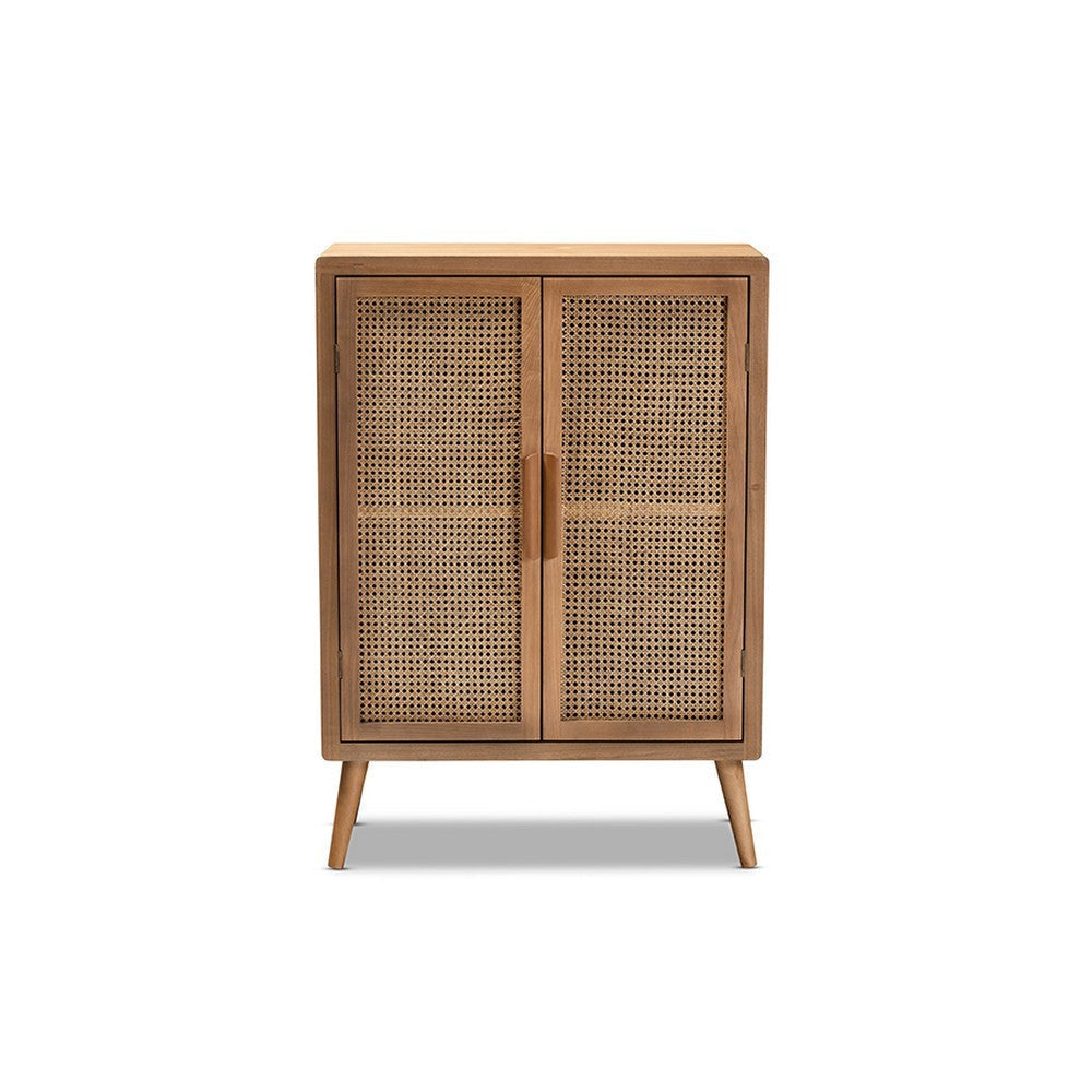 Baxton Studio Alina Mid-Century Modern Medium Oak Finished Wood and Rattan 2-Door Accent Storage Cabinet WHI-JY1904-Medium-Oak-Cabinet