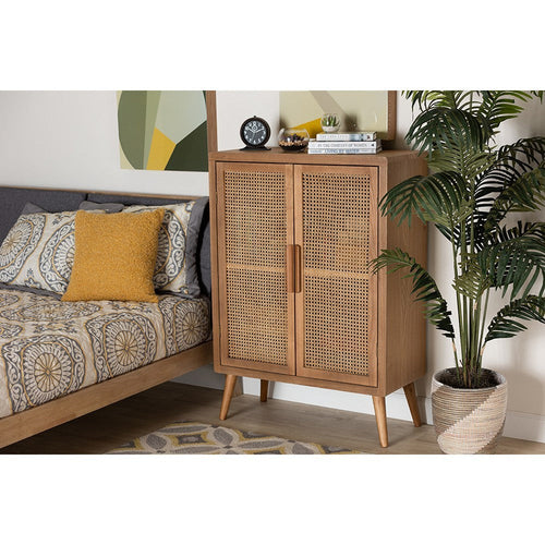 Baxton Studio Alina Mid-Century Modern Medium Oak Finished Wood and Rattan 2-Door Accent Storage Cabinet