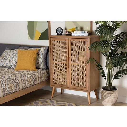 Baxton Studio Alina Mid-Century Modern Medium Oak Finished Wood and Rattan 2-Door Accent Storage Cabinet