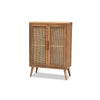 Baxton Studio Alina Mid-Century Modern Medium Oak Finished Wood and Rattan 2-Door Accent Storage Cabinet WHI-JY1904-Medium-Oak-Cabinet
