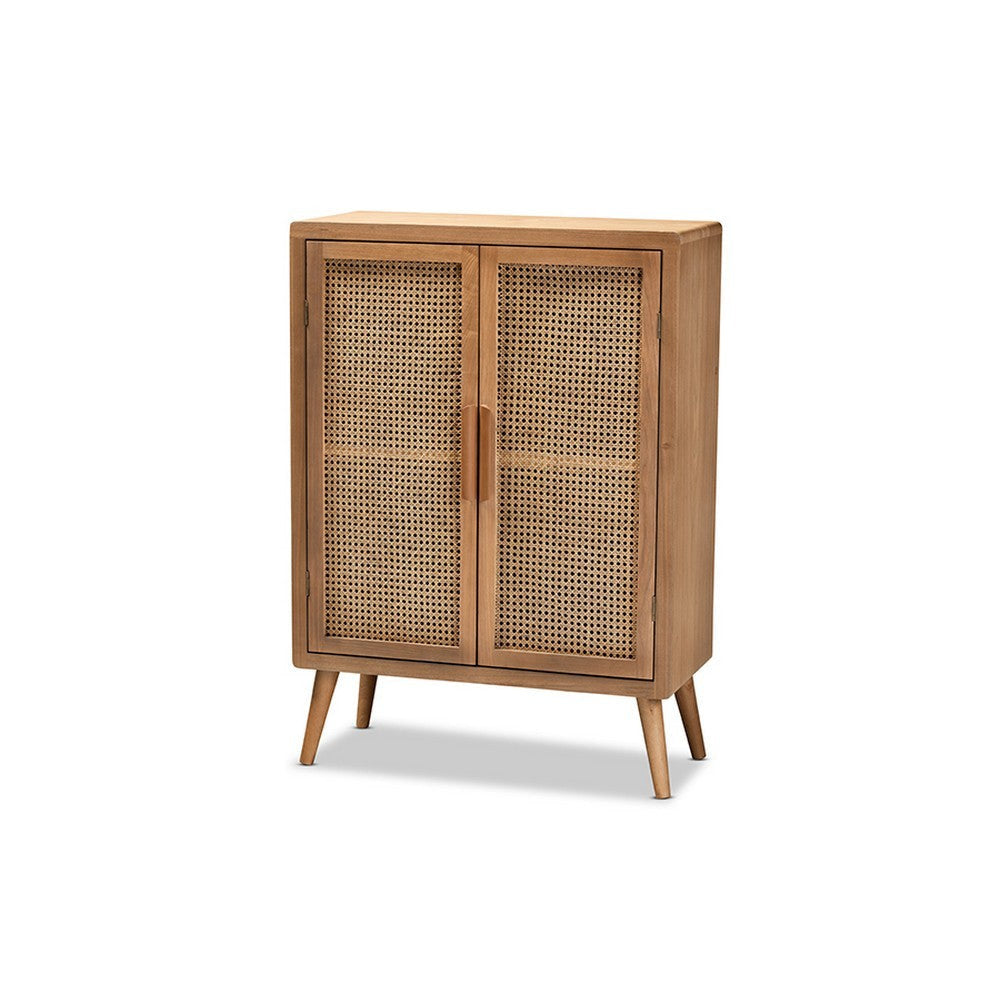 Baxton Studio Alina Mid-Century Modern Medium Oak Finished Wood and Rattan 2-Door Accent Storage Cabinet WHI-JY1904-Medium-Oak-Cabinet