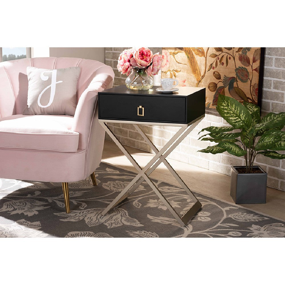 Baxton Studio Patricia Modern and Contemporary Black Finished Wood and Powder Coated Brass Effect Metal 1-Drawer End Table WHI-JY1956-ET