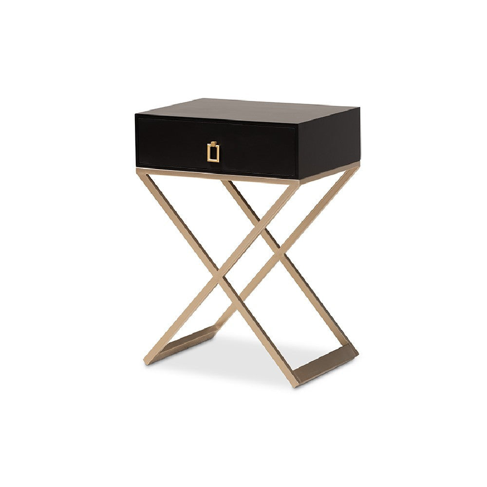 Baxton Studio Patricia Modern and Contemporary Black Finished Wood and Powder Coated Brass Effect Metal 1-Drawer End Table WHI-JY1956-ET
