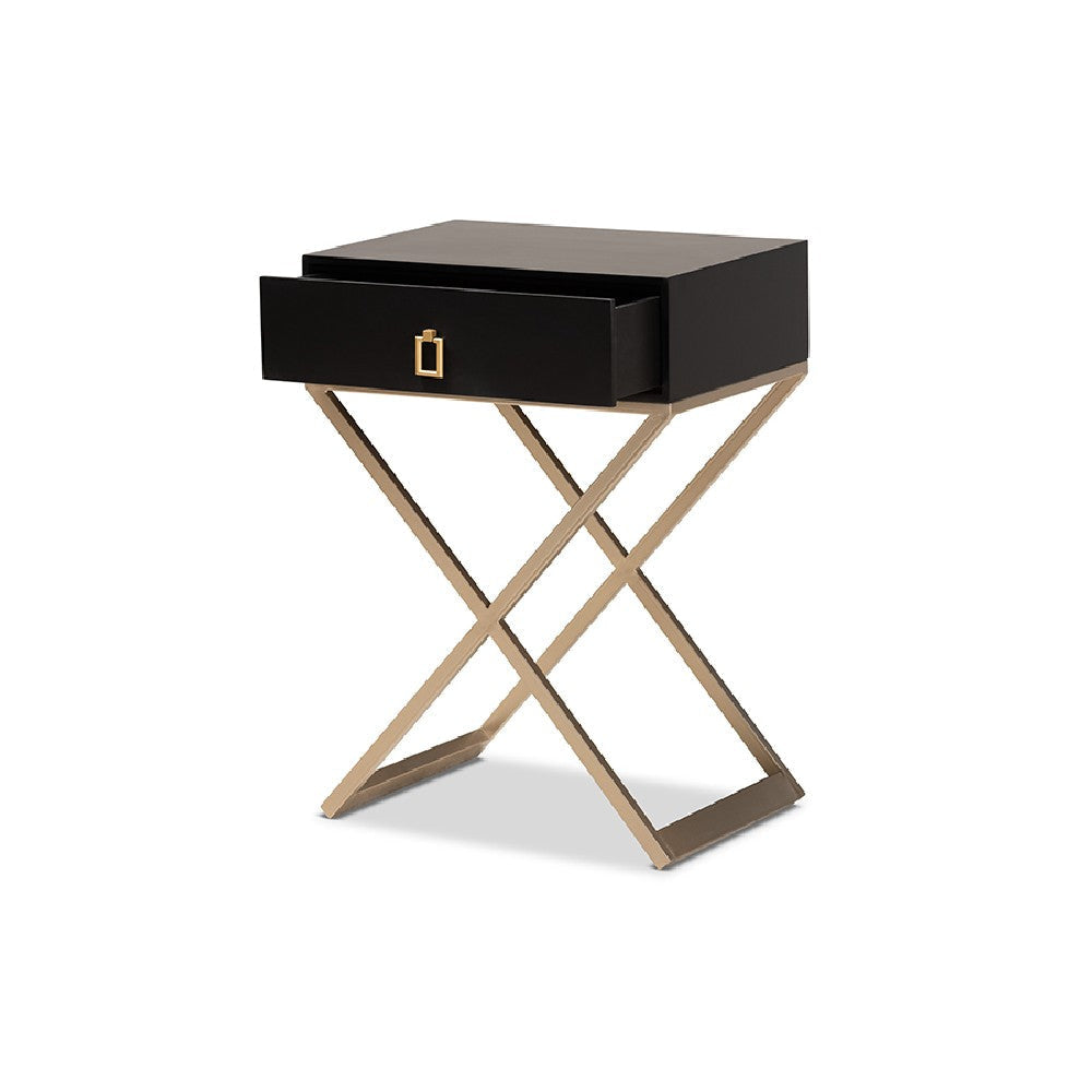 Baxton Studio Patricia Modern and Contemporary Black Finished Wood and Powder Coated Brass Effect Metal 1-Drawer End Table WHI-JY1956-ET