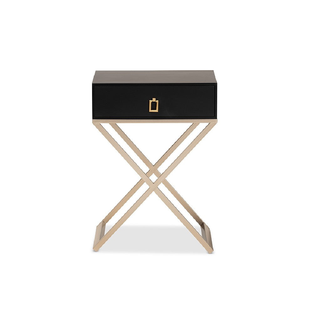Baxton Studio Patricia Modern and Contemporary Black Finished Wood and Powder Coated Brass Effect Metal 1-Drawer End Table WHI-JY1956-ET