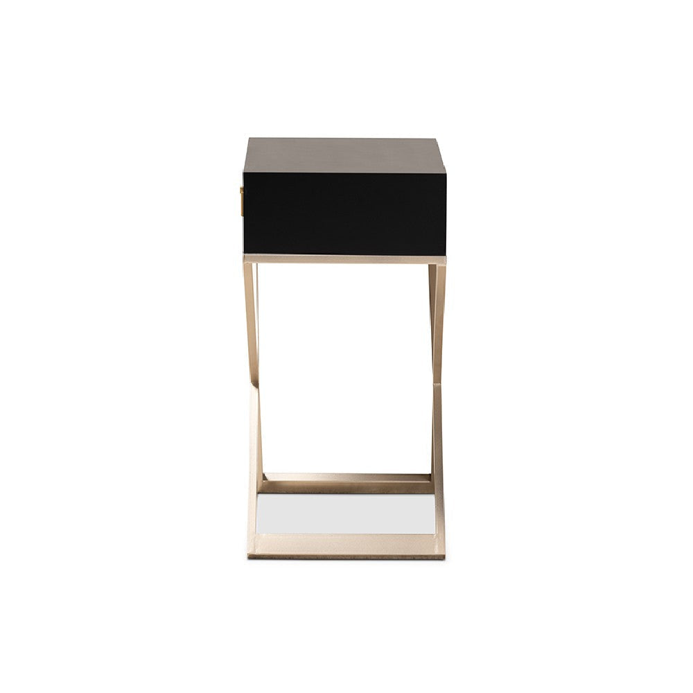 Baxton Studio Patricia Modern and Contemporary Black Finished Wood and Powder Coated Brass Effect Metal 1-Drawer End Table WHI-JY1956-ET