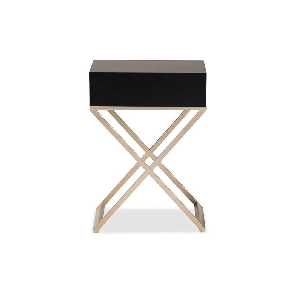 Baxton Studio Patricia Modern and Contemporary Black Finished Wood and Powder Coated Brass Effect Metal 1-Drawer End Table WHI-JY1956-ET