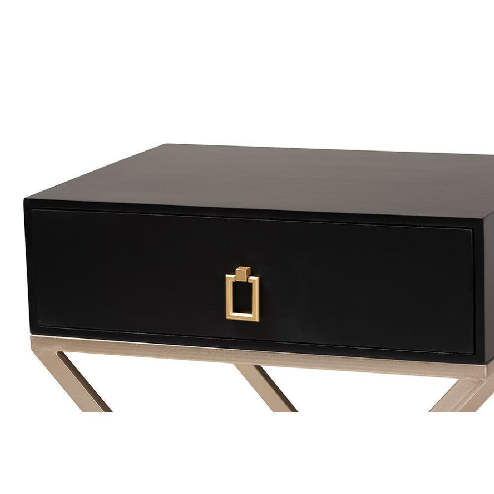 Baxton Studio Patricia Modern and Contemporary Black Finished Wood and Powder Coated Brass Effect Metal 1-Drawer End Table WHI-JY1956-ET
