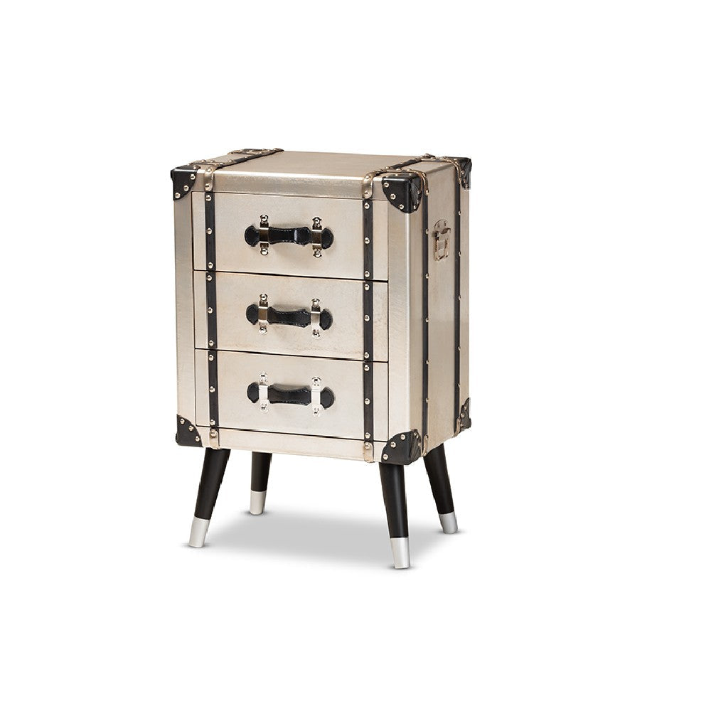 Baxton Studio Dilan Vintage Industrial Antique Silver Finished Metal Trunk Inspired 3-Drawer End Table WHI-JY19A109-Silver-ET